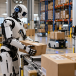 Alt text: Humanoid robot handling a package in an automated warehouse