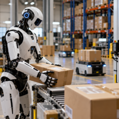 Alt text: Humanoid robot handling a package in an automated warehouse