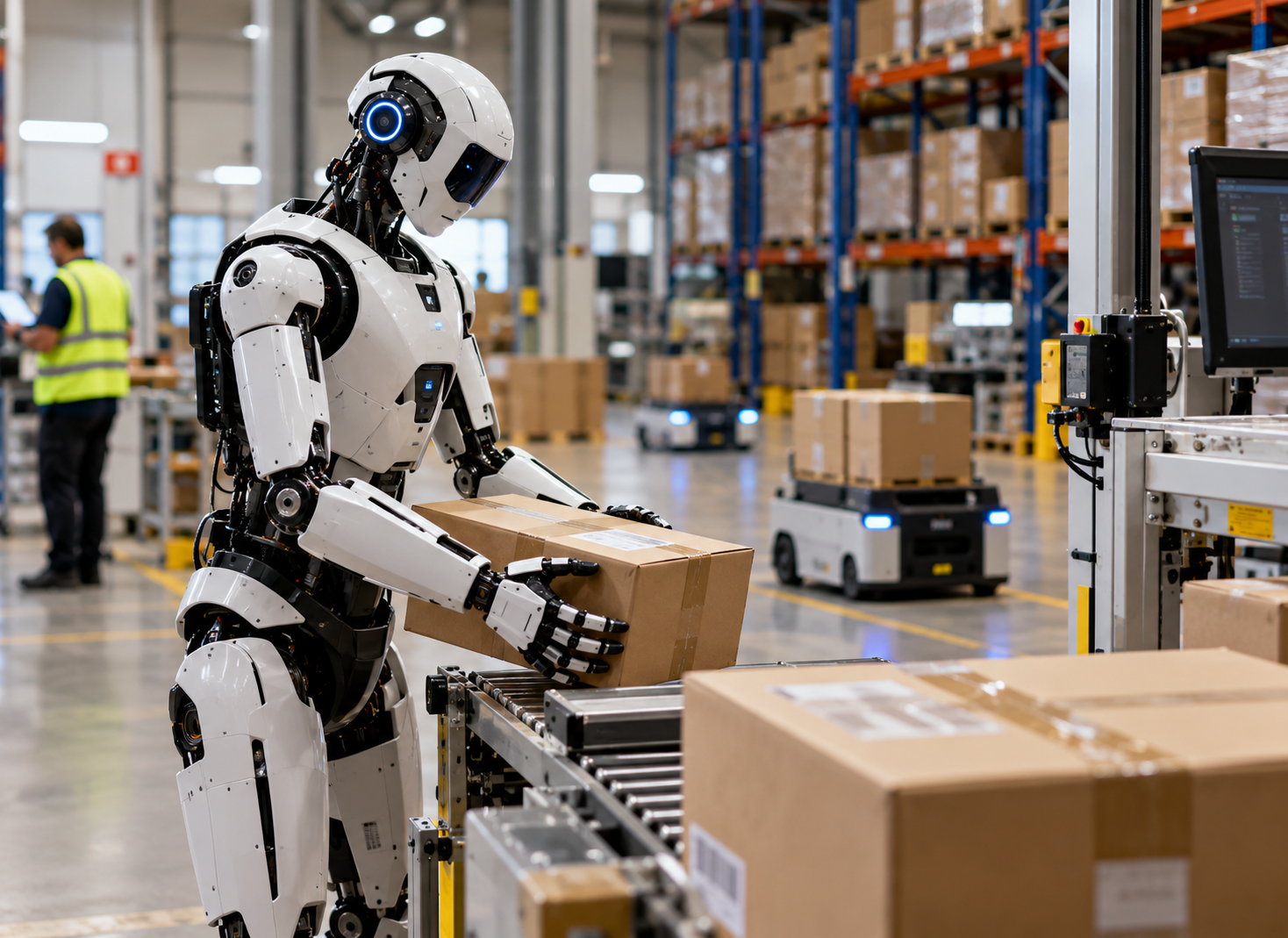 Alt text: Humanoid robot handling a package in an automated warehouse